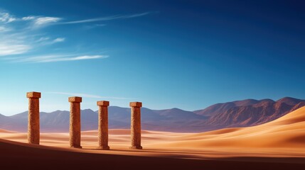 Fototapeta premium A stunning view of ancient stone pillars standing majestically in the serene desert under a clear blue sky