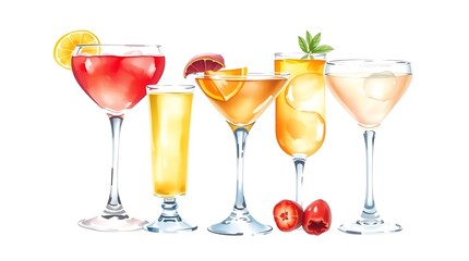 Set of classic alcohol cocktails isolated on white background
