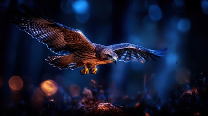 A majestic hawk in mid-flight, wings fully spread, gliding through a mystical forest. The vibrant colors and dramatic lighting highlight its powerful presence in nature.