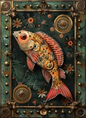 Fototapeta premium Artistic Fish Illustration with Steampunk Elements and Floral Details