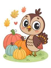 Obraz premium A cartoon owl with large eyes stands beside a pile of pumpkins and autumn leaves. 