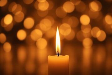 Single candle with a burning flame against a warm golden bokeh background, creating a peaceful and reflective atmosphere. Concept of remembrance and serenity. Ai generative