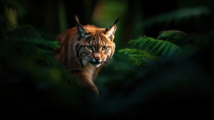 A majestic lynx stealthily navigates through dense foliage, showcasing its striking features and piercing gaze, embodying the spirit of the wild in a serene and mysterious forest.