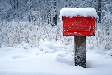 A bright red mailbox stands in a snowy landscape surrounded by trees and tall grass