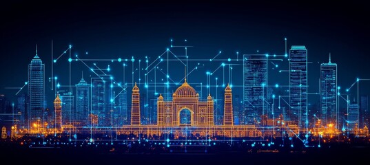 Networked Cityscape with Glowing Landmark Architecture, Representing Technology Convergence