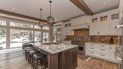 Obraz premium Modern kitchen interior with granite island, wooden accents, and winter scenery outside