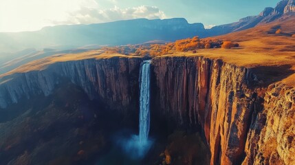 Autumn Waterfall Cliffside Landscape, Golden Hour