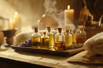 Essential oil bottles on a wooden tray with lavender, frankincense, myrrh, and sandalwood.  A luxurious spa background with candles, towels, and aromatic mist. 