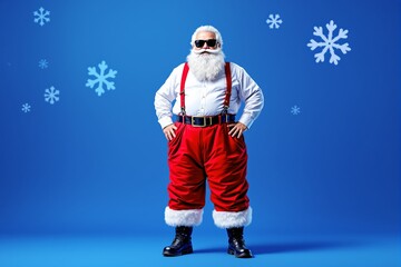 Santa Claus in stylish outfit with sunglasses and suspenders on blue background with snowflakes. Christmas holiday concept. Ai generative
