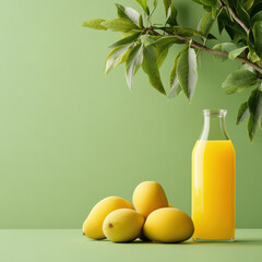 mango juice bottle on green background