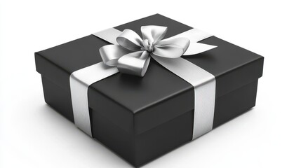 Black gift box with a silver satin ribbon on a white background