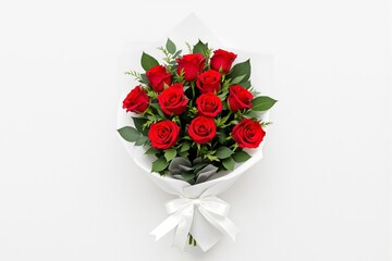 Elegant bouquet of red roses with green leaves wrapped in white paper and tied with a ribbon on a light background. Romantic floral gift concept. Ai generative