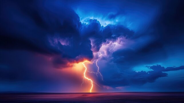 A stunning display of nature's fury, showcasing a vivid lightning strike illuminating dark storm clouds over a tranquil sea. Captures the raw beauty and power of a thunderstorm.
