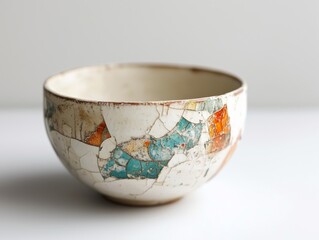 Cracked ceramic bowl with colorful mosaic design