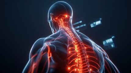 A stunning visualization of the human spine with glowing neural pathways, showcasing the intricate connection between the body's nervous system and overall health.