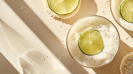 Refreshing coconut drinks with lime garnish, illuminated by soft sunlight. Tropical refreshment at its finest.