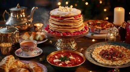 Fototapeta premium A Festive Feast: A Vibrant Table Displaying Pancakes with Berries, Rich Stews, and Traditional Baked Goods Amidst Twinkling Lights and Cozy Atmosphere.