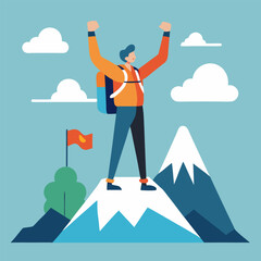 Obraz premium Successful Hiker Reaching the Mountain Peak – Adventure and Achievement Concept