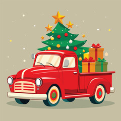 A vintage red pickup truck delivers Christmas cheer with a tree and gifts on a snowy day.