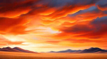 Fototapeta premium Breathtaking sunset over rolling hills, with vibrant orange and red clouds creating a stunning visual spectacle. The serene landscape evokes a sense of calm and natural beauty.