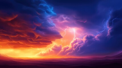 Fototapeta premium A breathtaking sunset displays vibrant hues of orange, purple, and blue, with striking lightning illuminating the clouds, creating a dramatic ambiance in the natural landscape.