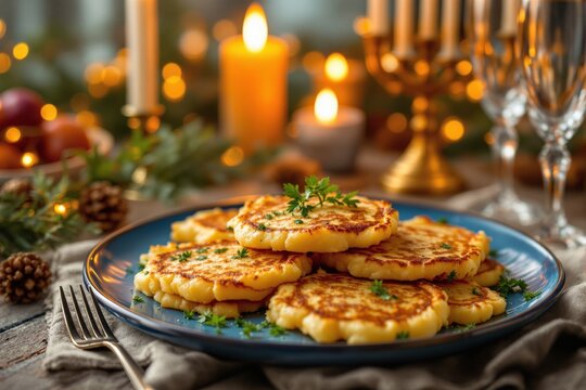 Crispy potato pancakes on a blue plate garnished with herbs, set on a festive table with candles, pinecones, and twinkling lights in the background. Ai generative