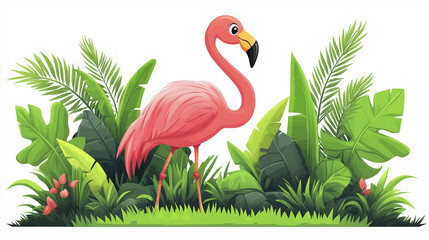 Obraz premium Pink flamingo standing among lush tropical plants with green leaves and exotic flowers