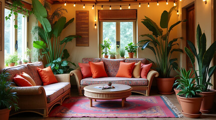 Fototapeta premium A vibrant and free-spirited boho-style interior with colorful cushions, ethnic rugs, and plants in clay pots