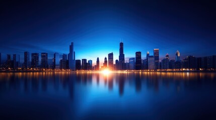 Obraz premium A stunning skyline at sunrise with modern skyscrapers reflecting in the calm water, showcasing urban beauty and architectural marvels against a vibrant blue backdrop.