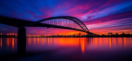 Naklejka premium Arch Bridge Silhouette Against a Vibrant Colorful Sunset Sky Reflection