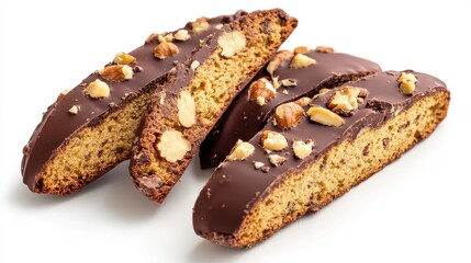 Chocolate-dipped biscotti with nuts on a white background, a crunchy snack