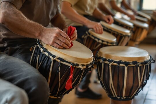 Close-up of hands playing djembes in a drumming session, wooden drums with rope tuning, warm indoor background, concept of music and cultural expression. Ai generative