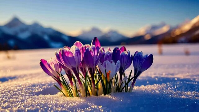 Crocuses In mountains First flowers of spring Coming of spring concept