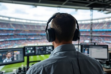 Sports commentator wearing headphones, analyzing a live football match on multiple screens in a stadium background. Concept of sports broadcasting. Ai generative