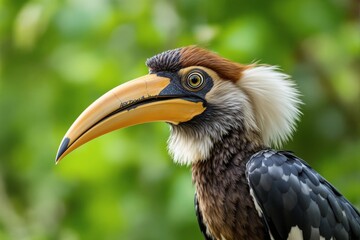 Fototapeta premium Close-up of a hornbill with intricate feather details and a large curved beak, set against a blurred green background. Nature and wildlife concept. Ai generative