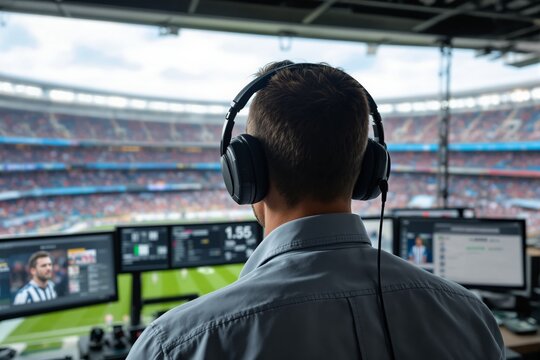 Sports commentator wearing headphones, analyzing a live football match on multiple screens in a stadium background. Concept of sports broadcasting. Ai generative