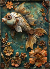 Decorative Art Piece Featuring Unique Stylized Fish and Flowers