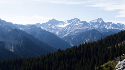 Fototapeta premium Majestic Mountain Range with Evergreen Forest Panorama