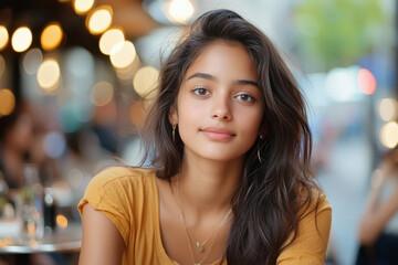 Obraz premium young indian beautiful woman sitting in cafeteria