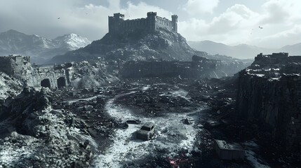 Post-apocalyptic mountain castle; vehicle on debris road