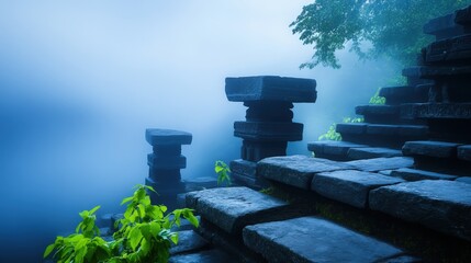 An enigmatic stone staircase surrounded by misty atmosphere, adorned with vibrant green plants. The tranquil scene evokes a sense of adventure and exploration in nature.