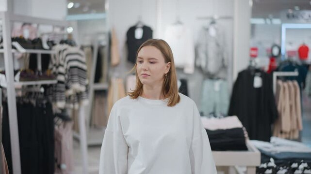 Woman walking through clothing store looking around at racks of stylish apparel, bright and organized setting features trendy fashion items