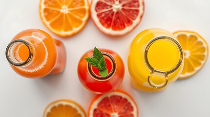 Top view of glass bottles of fresh juice with citrus fruits slices on white surface