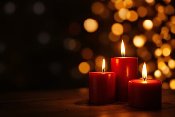 Three red candles with burning flames on a wooden surface, with warm golden bokeh lights in the background. Cozy and peaceful ambiance. Ai generative