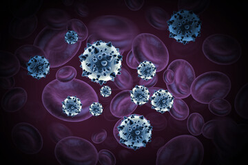 Virus infected blood cells. 3d illustration