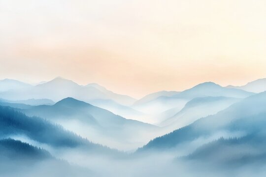 Abstract serene foggy landscape background with serene foggy landscape and subtle light diffusions. Emphasizing tranquil atmosphere and artistic calm, ideal for peaceful designs and soothing visuals.