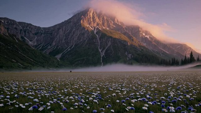 Wide shot, slow pan captures a vast meadow at the mountain&rsquo;s base, bathed in golden hues of sunrise. Mist swirls over wildflowers, evoking a serene, ethereal awakening.
