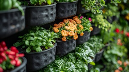 Vertical garden wall with various plants in black pots.  Possible use Stock photo