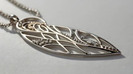 Intricate Silver Leaf Pendant: An exquisite silver pendant, shaped like a stylized leaf, features intricate cut-out detailing and a delicate chain.
