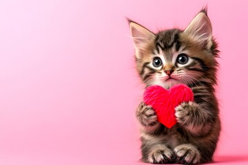 Cute somali kitty with fluffy red heart - sign of love, funny greeting card. Ad concept art. Somali - my preferred cat. Cat cuddling heart. February animal valentine theme. Red theme cat.
